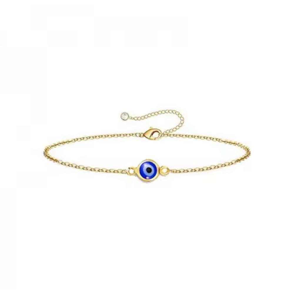 14k Gold Tone Evil Eye Charm Bracelet Blue Nazar Protection Jewelry Adjustable